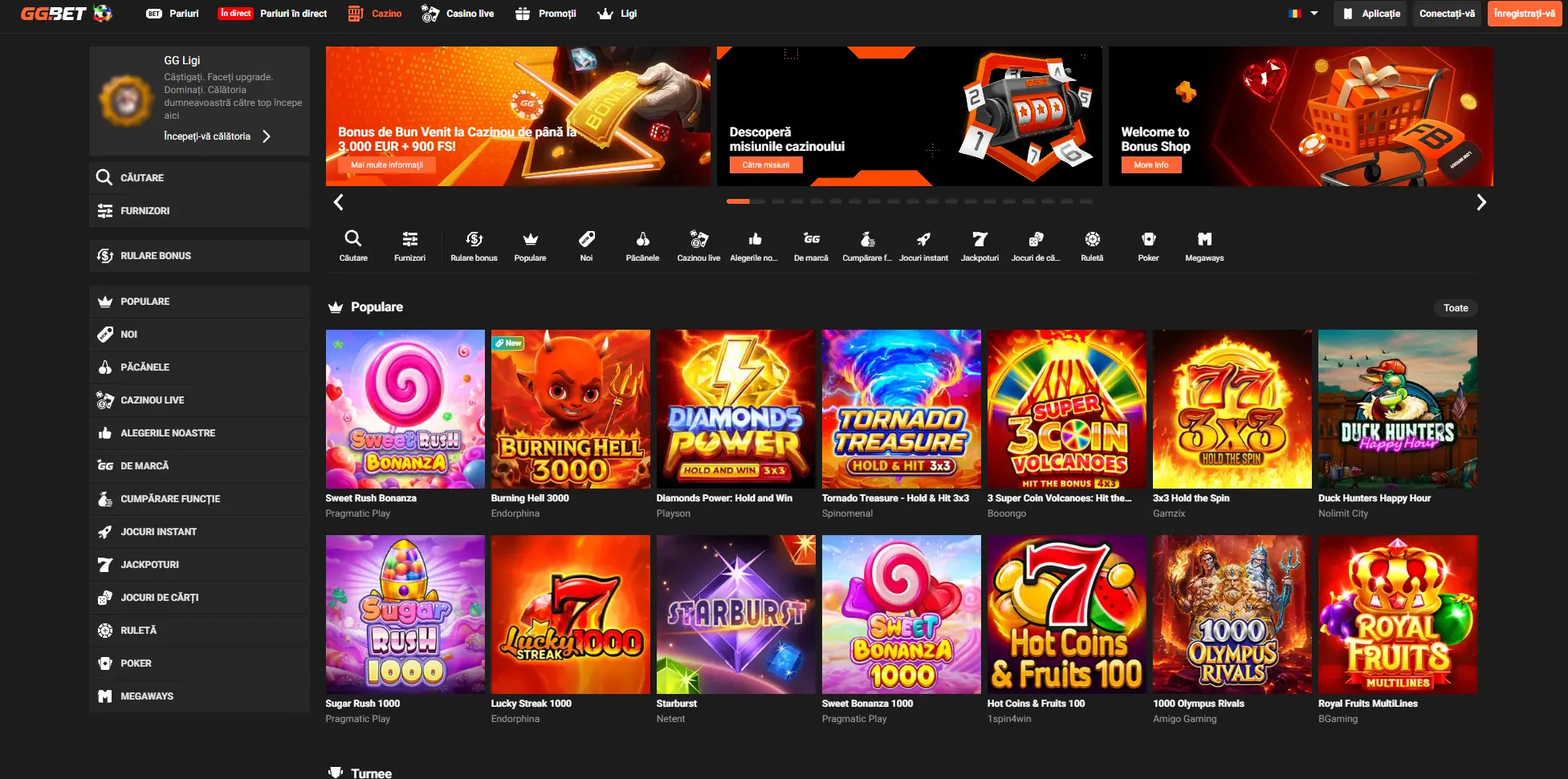 GG bet casino lobby cu bonusuri si jocuri populare